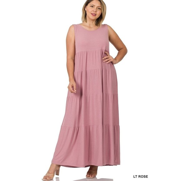 Zenana Sleeveless Light Rose Tiered Maxi Dress Round Neckline Stretch - Picture 1 of 10